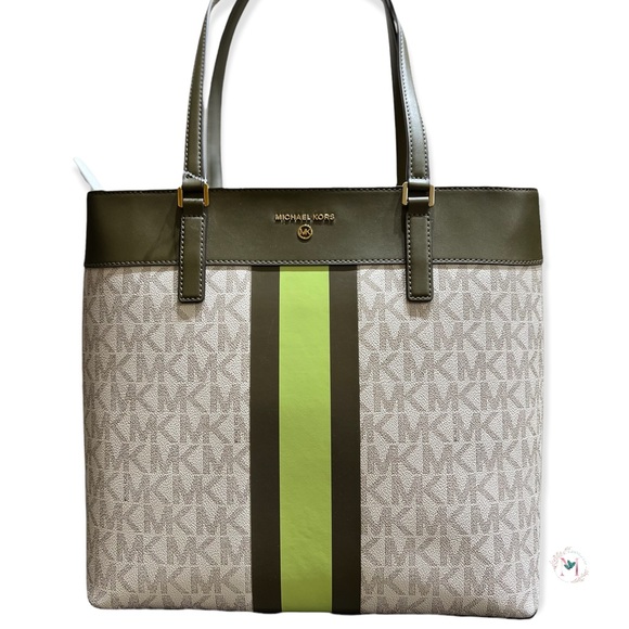 NWOT Michael Kors Center Stripe Morgan Large Tote Olive Multi - Picture 9 of 15